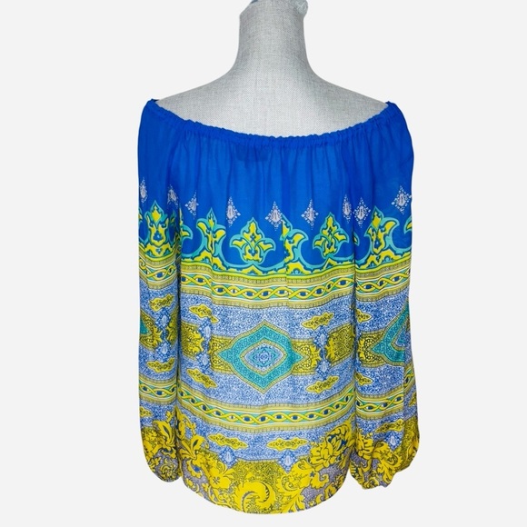 Hale Bob 100% Silk, Oversized Blue & Yellow Patterned Blouse, On/Off Shoulder S - Picture 4 of 11